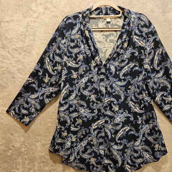 Charter Club Blouse Tunic Womens XXL Blue Paisley slinky flowy V-neck boho - Picture 7 of 13